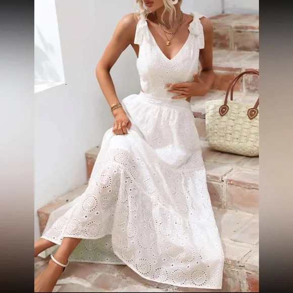 Boho White Sheer Lace Eyelet Embroidered Tie Shoulder Cut Out Back Maxi Dress - Picture 5 of 6